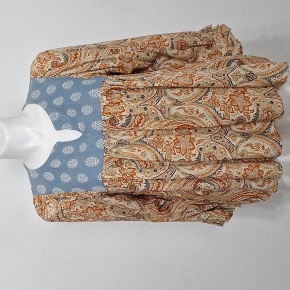 Jodifl Bohemian Paisley Mixed Media Hippie Balloon Sleeve Peasant Boho Top L - Picture 1 of 13